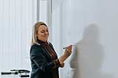 Smiling woman writing on whiteboard