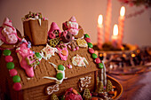 Gingerbread house and Christmas decorations
