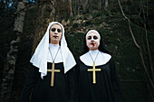 Two women dressed as nuns for Halloween