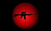 Target crosshair with AR-15 rifle against red and black background