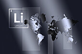 Weltkarte mit Lithiumabbaugebieten auf grauem Hintergrund