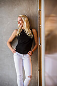 Blond woman laughing