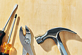 Hand tools on wooden table