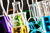 Laboratory glassware with colorful liquids