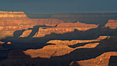 United States, Arizona, Grand Canyon National Park, South Rim, Grand Canyon rock formations at sunset