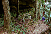 Australien, NSW, Blue Mountains National Park, Frau auf Wanderweg im Wald