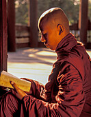 Myanmar, Mandalay, Buddhist monk reading prayers book