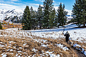 USA, Idaho, Ketchum, Wanderer mit goldenem Labrador auf verschneitem Weg in der Nähe von Sun Valley