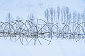 United States, Idaho, Bellevue, Irrigation equipment in winter field