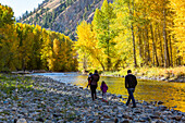 USA, Idaho, Hailey, Familie bewundert Herbstfall entlang des Flusses im Herbst 