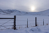 United States, Idaho, Bellevue, Snow covered rural land with fence
