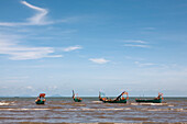 Cambodia, Kep, Traditional fishing boats at sea