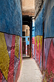Africa, Morocco, Colorful walls in alleyway in medina