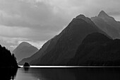 USA, Alaska, Tongass National Forest. B&W of stormy landscape on Lisianski Inlet