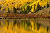 Herbstfarben, die sich bei Sonnenaufgang auf dem Crystal Lake spiegeln, in der Nähe von Ouray, Colorado