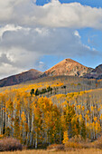 Herbst Keebler Pass, Colorado, letztes Abendlicht auf Bergkette und Espen in Herbstfarbe