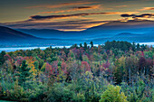 Malerische Herbstlandschaft mit Nebel und Herbstlaub, Sugar Hill, White Mountains, Franconia, New Hampshire