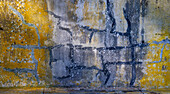 USA, Washington State, Fort Flagler State Park. Abstract pattern panoramic of weathered wall.