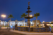 Plaza de Armas and Government Palace at night, Lima, Peru, South America