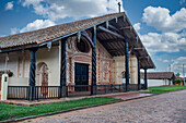 Painted front portal, San Rafael de Velasco Mission, Jesuit Missions of Chiquitos, UNESCO World Heritage Site, Santa Cruz department, Bolivia, South America