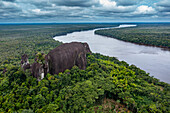 Aerial of the Curimacare Rock on the Casiquiare River in the deep south of Venezuela, South America