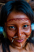Pretty young woman from the Yanomami tribe, southern Venezuela, South America