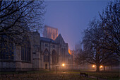 The Church and Metropolitical Church of Saint Peter, York Minster, shrouded in fog at dawn on a late autumn morning, York, Yorkshire, England, United Kingdom, Europe