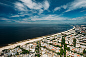 Aerial panoramic view of Barra da Tijuca district, and long sandy beach, a western neighborhood, Rio de Janeiro, Brazil, South America