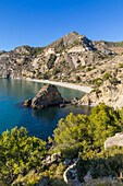 Elevated view over the Cala del Canuelo beach, Maro Cerro Gordo Cliffs Nature Reserve, Andalusia, Spain, Europe