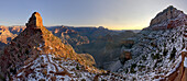 Sunrise view from Cedar Ridge along the South Kaibab Trail in winter, with O'Neill Butte on the left, Cremation Creek below in the center and Ooh Aah Point in the upper right, Grand Canyon, UNESCO World Heritage Site, Arizona, United States of America, North America