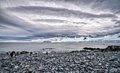 A rocky beach with penguins in the Antarctic Peninsula, Antarctica, Polar Regions