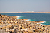 The shore with white salt formation on the beach, Dead Sea, Jordan, Middle East