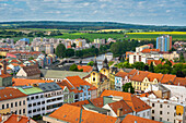 Elevated view of Pisek city center and town hall, Pisek, Czech Republic (Czechia), Europe