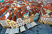 Elevated view of houses with red roofs as seen from Prague Astronomical Clock at Old Town Square, Prague, Czech Republic (Czechia), Europe