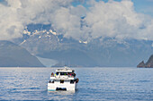 Touristenboot auf See in der Aialik Bay, Kenai Fjords National Park, Kenai Peninsula Borough, Southcentral Alaska, Alaska, Vereinigte Staaten von Amerika, Nordamerika