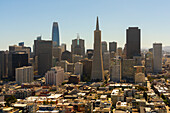San Francisco skyline dominated by Transamerica Pyramid building seen from Coit Tower, San Francisco, California, United States of America, North America