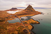 Aerial panoramic view of the Kirkjufell mountain at Snaefellsnes Peninsula, Vesturland region, West of Iceland, Iceland, Polar Regions