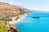Blick auf den Strand und die Küstenlinie von Drymiskos, Ammoudi, Rethymno, Kreta, Griechische Inseln, Griechenland, Europa
