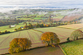 Rolling autumnal countryside from Cadbury Castle, Devon, England, United Kingdom, Europe