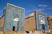 Usto Ali Nasafi Mausoleum on the left, Middle Complex, Shah-I-Zinda, UNESCO World Heritage Site, Samarkand, Uzbekistan, Central Asia, Asia