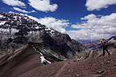 Climber approaching Aconcagua, 6961 metres, the highest mountain in the Americas, Andes, Argentina, South America