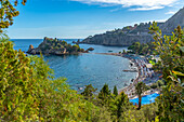 View of Isola Bella and beach on sunny day, Mazzaro, Taormina, Sicily, Italy, Mediterranean, Europe