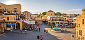 View of Hippocrates Square, Old Rhodes Town, UNESCO World Heritage Site, Rhodes, Dodecanese, Greek Islands, Greece, Europe