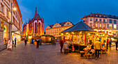 View of Christmas market, Maria Chappel and Falkenhaus in Oberer Markt at dusk, Wurzburg, Bavaria, Germany, Europe