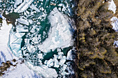 Aerial view of thaw of lagazzuolo lake in Valmalenco, Sondrio province, Valtellina, Lombardy, Italy, Eorope