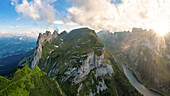 Panoramic view of Santis and Saxer Lucke at sunset, Appenzell Canton, Alpstein Range, Switzerland