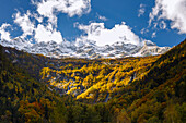 Herbstlicher Blick auf die Berge des Masino-Tals von Bagni di Masino, Provinz Sondrio, Valtellina, Lombardei, Italien, Europa