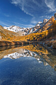 Reflektionen des Berges Disgrazia im Herbst, Preda Rossa, Valtellina, Valmasino, Provinz Sondrio, Lombardei, Italien, Europa