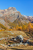 Hikers on the path of Alpe Misanco in the Autumn time, Alpe Devero, Baceno, Alpe Veglia and Alpe Devero natural park, province of Verbano-Cusio-Ossola, Piedmont, italy, Europe