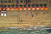 vertical aerial view of the equipped beach of Vieste, taken during a summer sunrise, municipality of Vieste, Foggia province, Apulia district, Italy, Europe